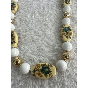 Vintage Japan Floral Enamel Bead Necklace 29.5" White Gold Tone Oval Beads